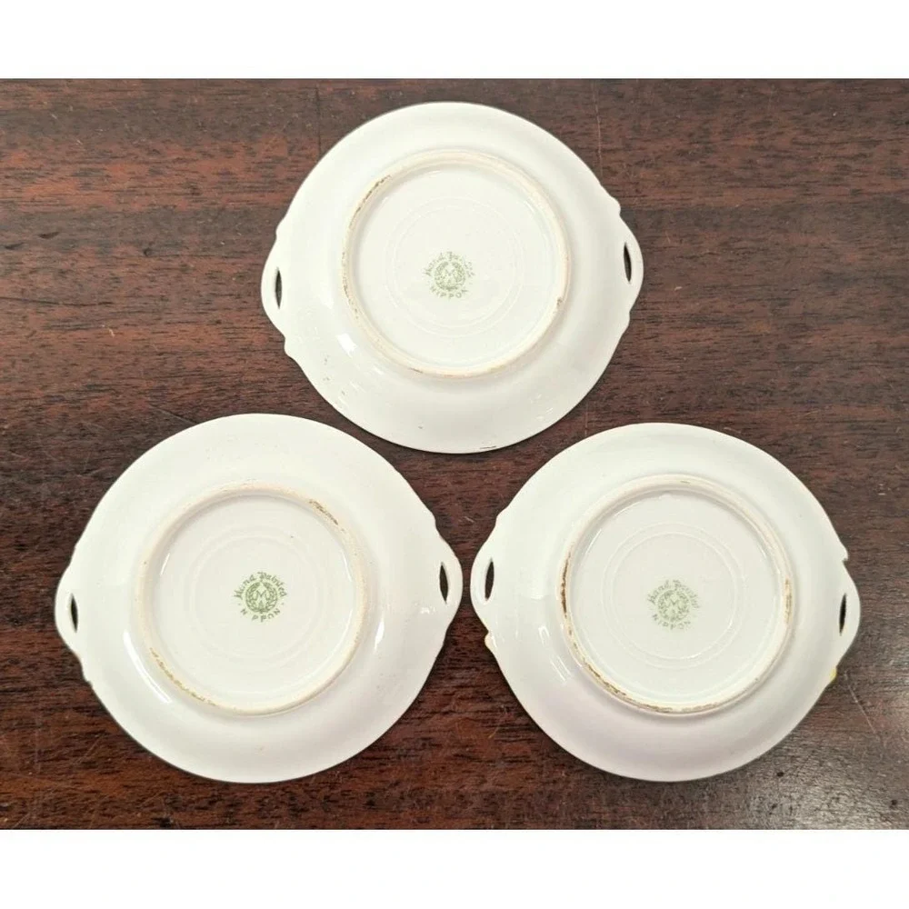 Vintage Hand Painted Nippon Butter Pats Set of 3 Pink Rose Gold Gilt Porcelain